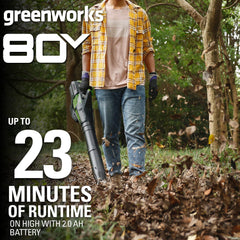 Greenworks blower tube connection closeup showing secure attachment benefit
