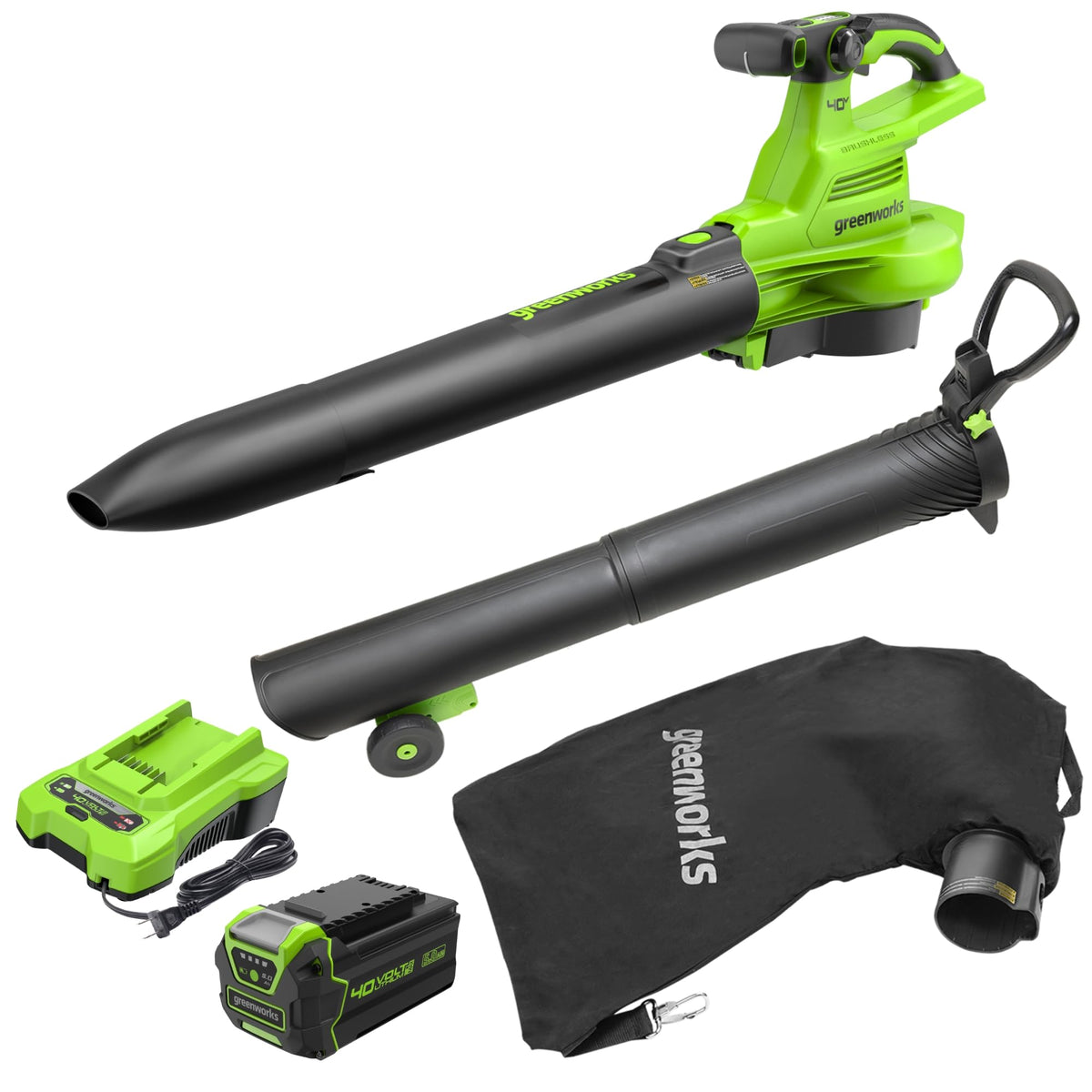 Greenworks front view showing blower/vacuum and included battery, showcasing portability benefit