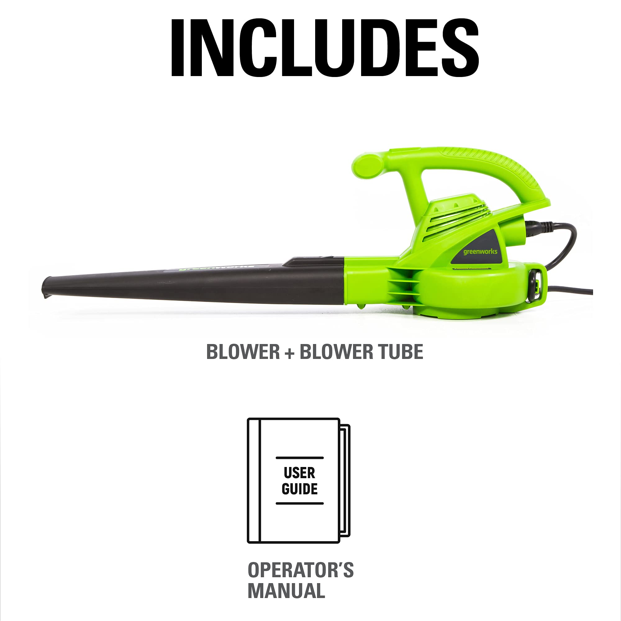 Greenworks blower warranty label emphasizing four-year coverage