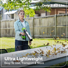Greenworks blower with attached 3.0Ah battery for longer runtime benefit