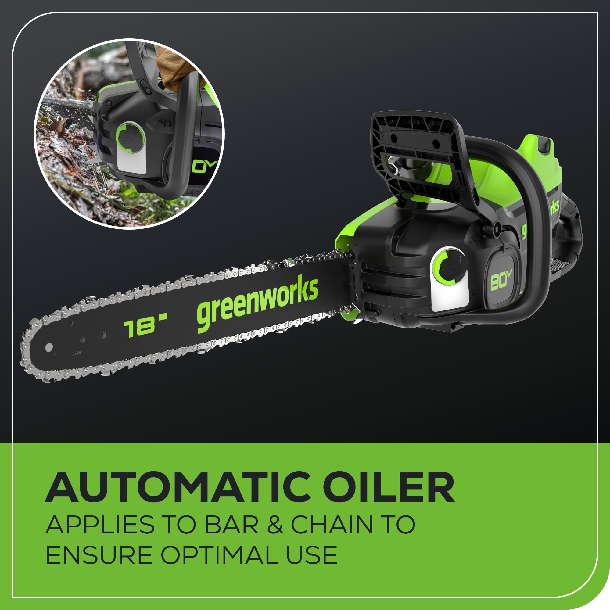 Greenworks chainsaw with 4.0 Ah battery inserted for longer runtime