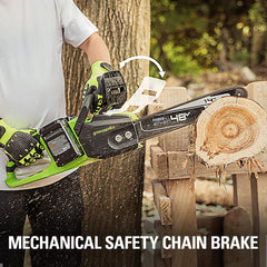 Greenworks close-up of 14-inch chain and bar highlighting cutting precision