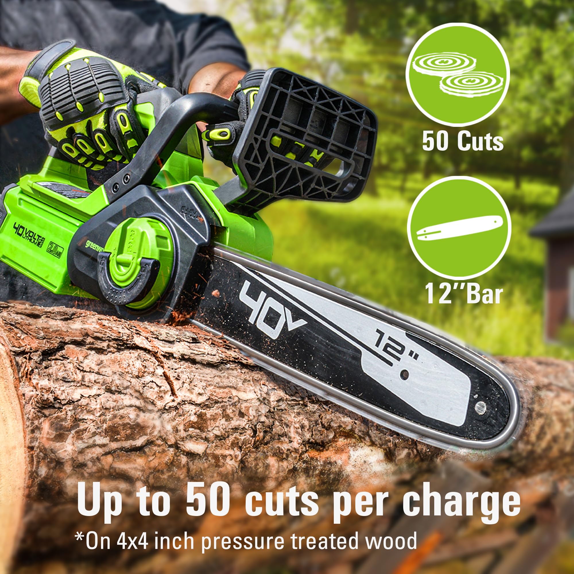 Greenworks chainsaw close-up of chain and bar showing tool-free tensioning benefit