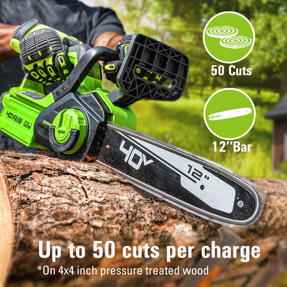 Greenworks chainsaw close-up of chain and bar showing tool-free tensioning benefit