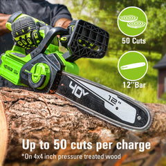 Greenworks chainsaw close-up of chain and bar showing tool-free tensioning benefit