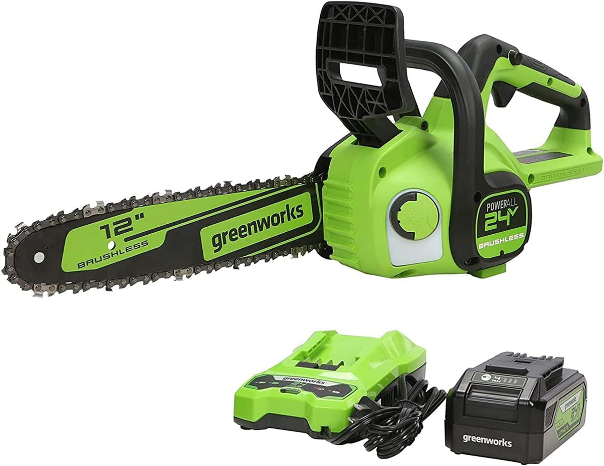Greenworks chainsaw front view showing controls and compact design benefit