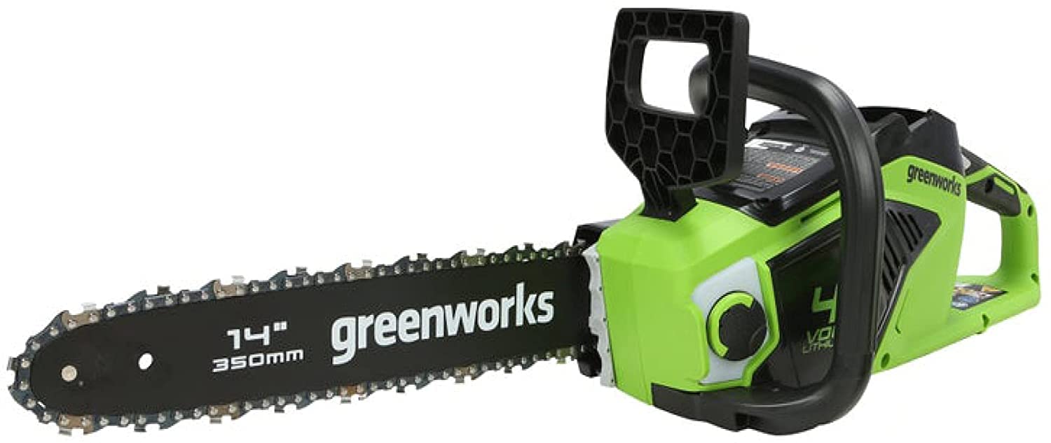 Greenworks chainsaw front view showing compact design and ease of handling
