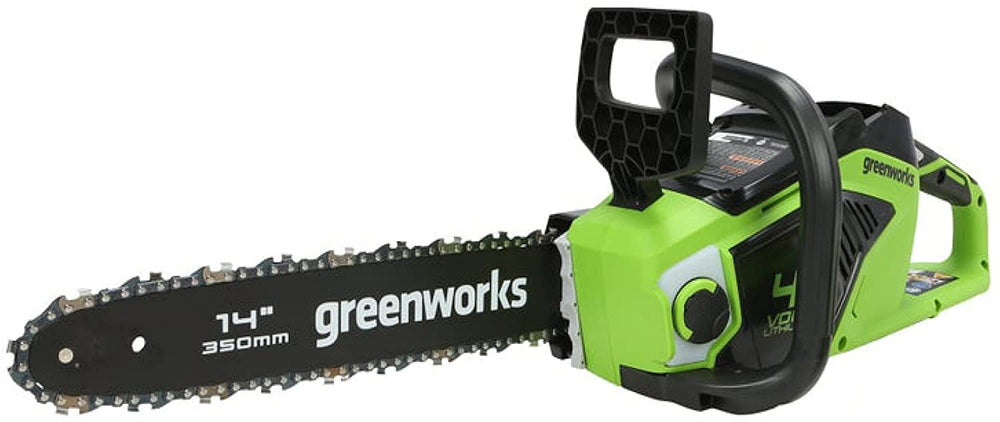 Greenworks chainsaw front view showing compact design and ease of handling