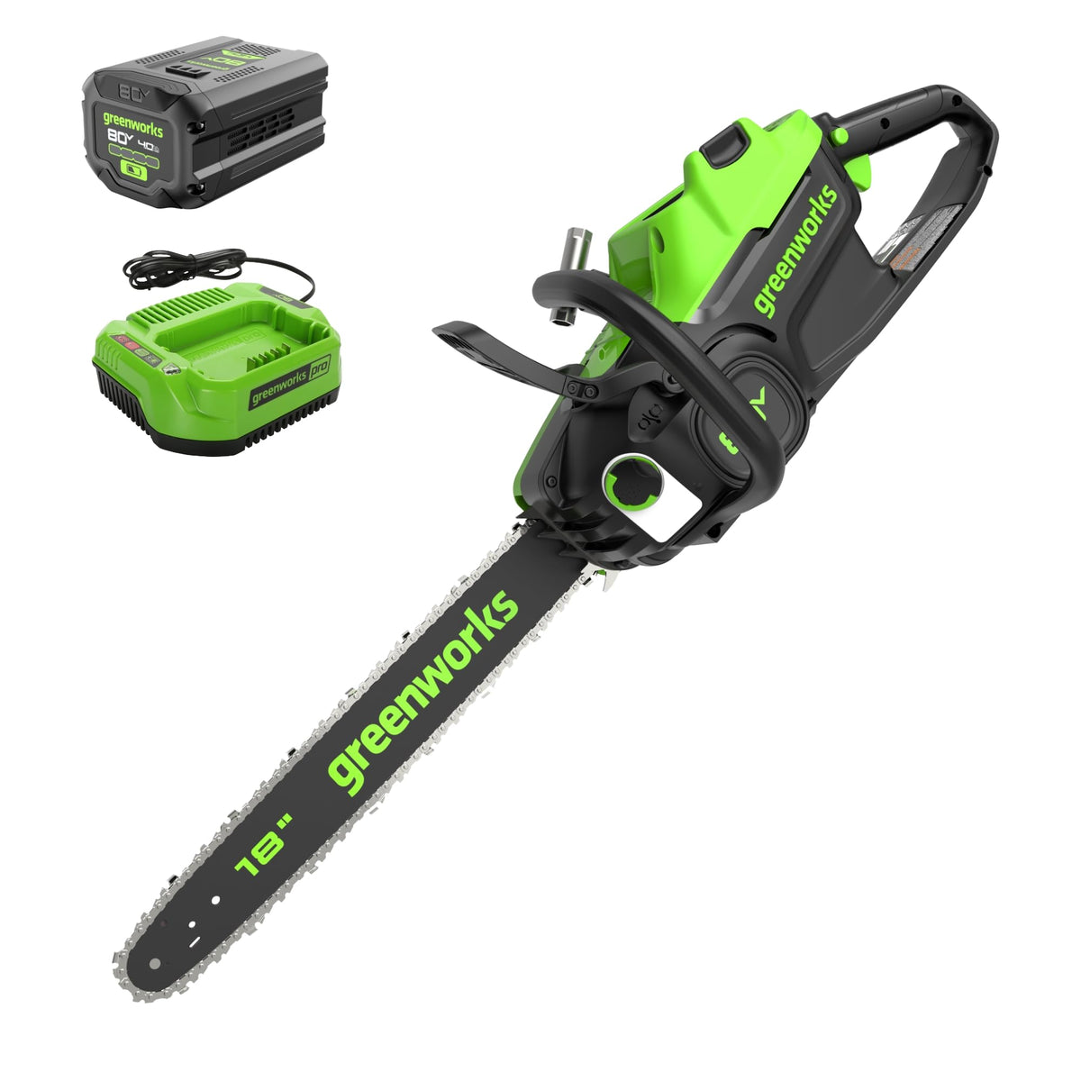Greenworks chainsaw front view showing controls and performance benefits