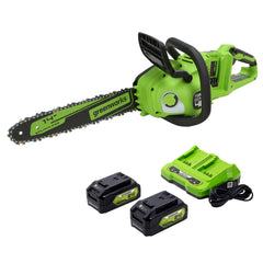 Greenworks chainsaw front view showing whole saw and handle for control