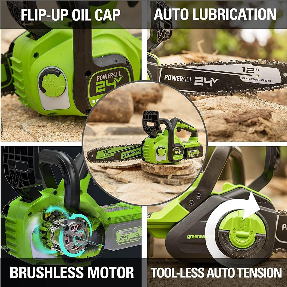 Greenworks chainsaw cutting a branch showing quiet cordless convenience benefit