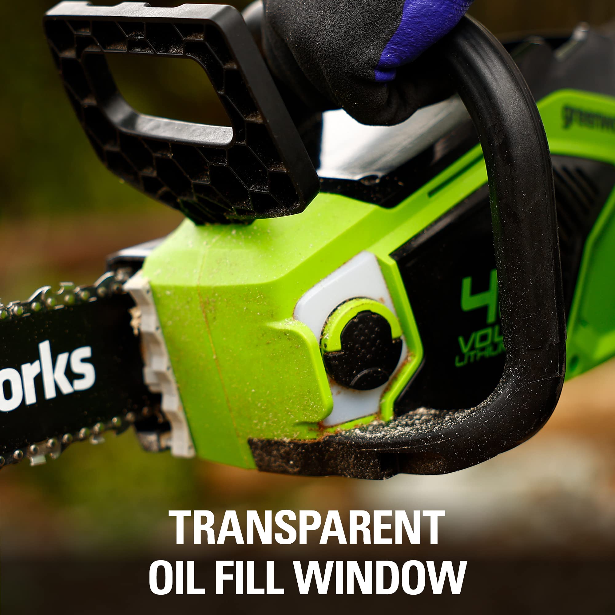 Greenworks chainsaw brushless motor vent detail indicating longer motor life