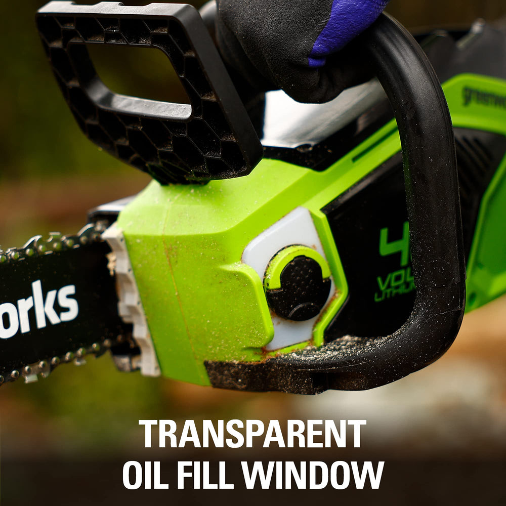 Greenworks chainsaw brushless motor vent detail indicating longer motor life
