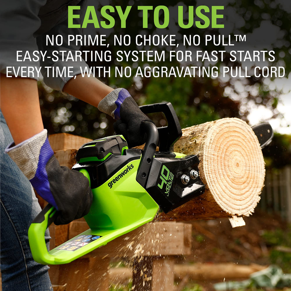 Greenworks chainsaw transparent oil window showing lubrication level for longer chain life