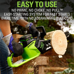 Greenworks chainsaw transparent oil window showing lubrication level for longer chain life