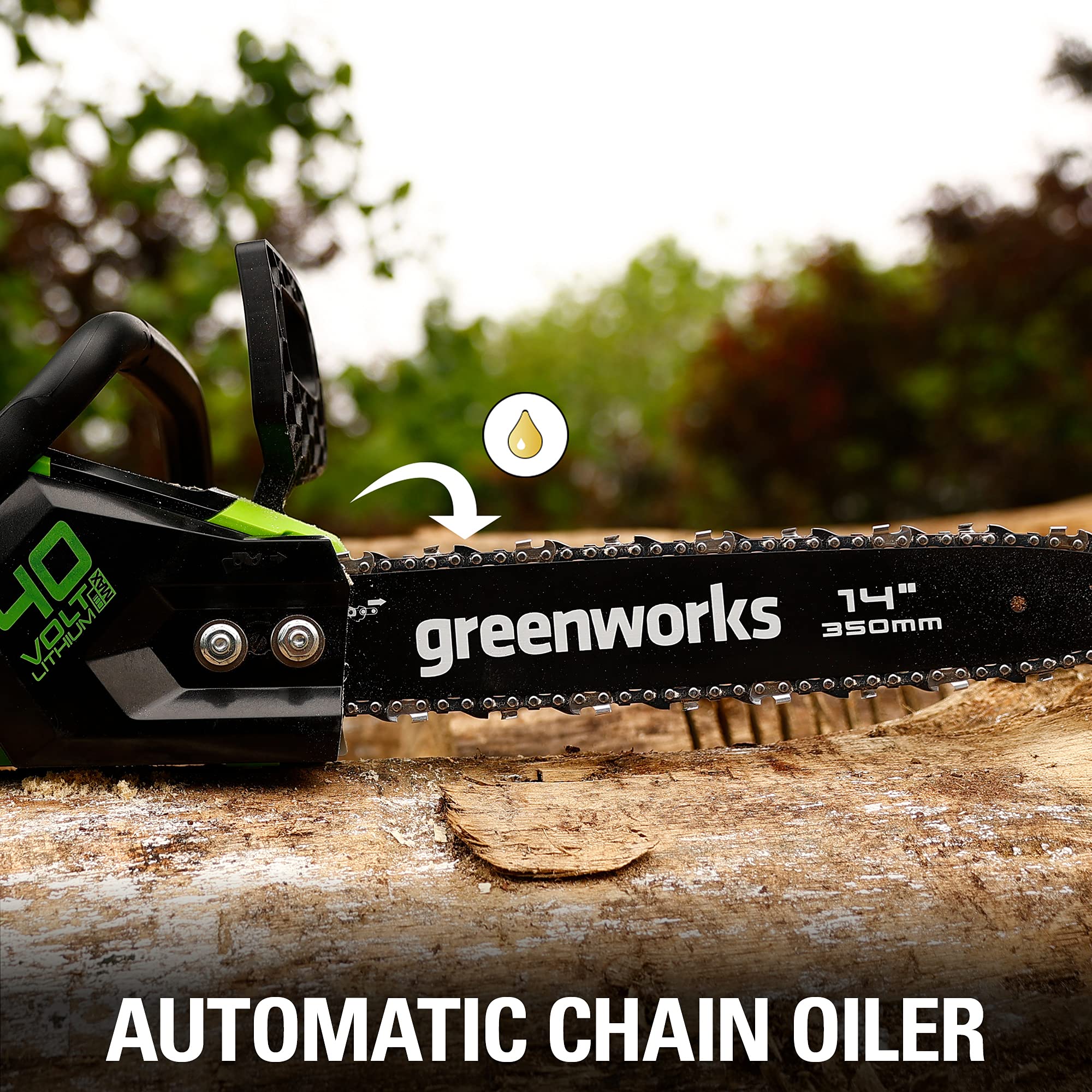 Greenworks chainsaw beside log showing 14-inch cutting capacity for yard tasks