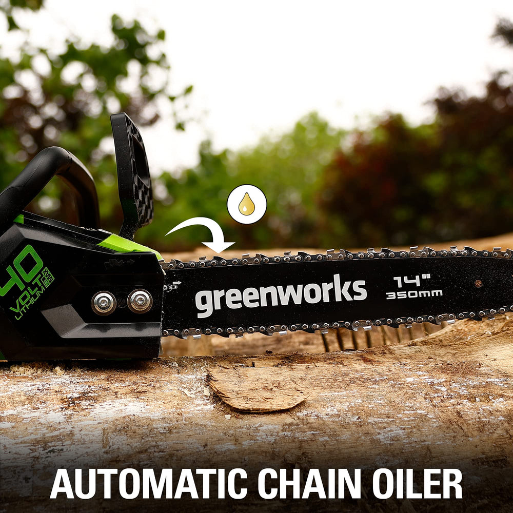 Greenworks chainsaw beside log showing 14-inch cutting capacity for yard tasks