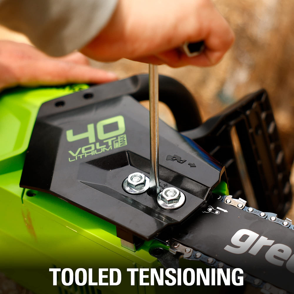 Greenworks chainsaw with scabbard and manual ready for safe storage and transport
