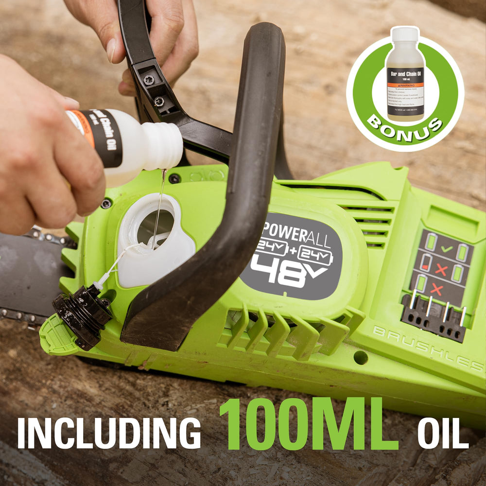 Greenworks chainsaw beside 4x4 lumber demonstrating cutting capacity