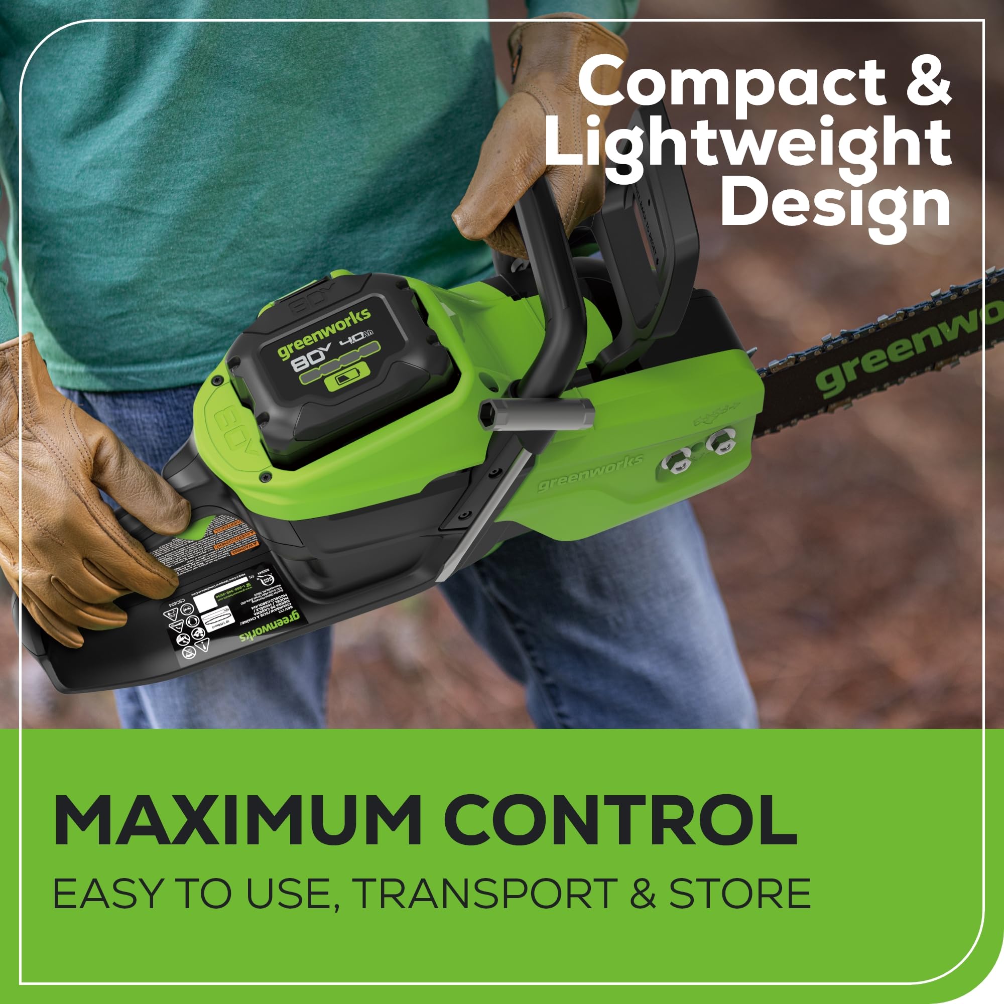 Greenworks chainsaw side profile highlighting balance and ergonomic design