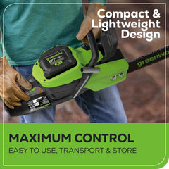 Greenworks chainsaw side profile highlighting balance and ergonomic design