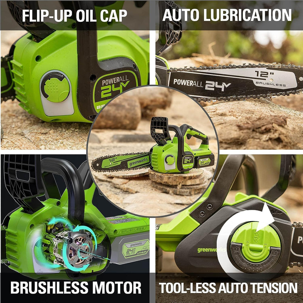 Greenworks chainsaw held by a hand showing compact size for comfortable handling