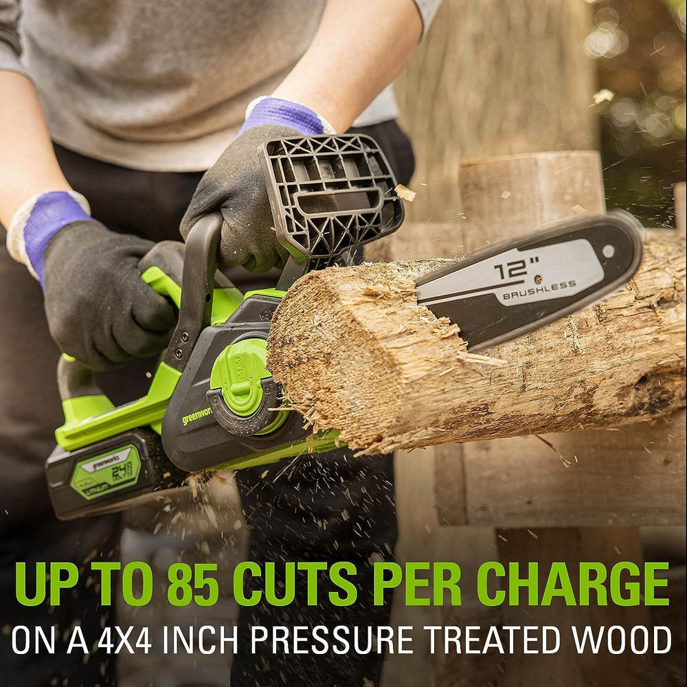 Greenworks chainsaw with scabbard and label showing safe storage and included items