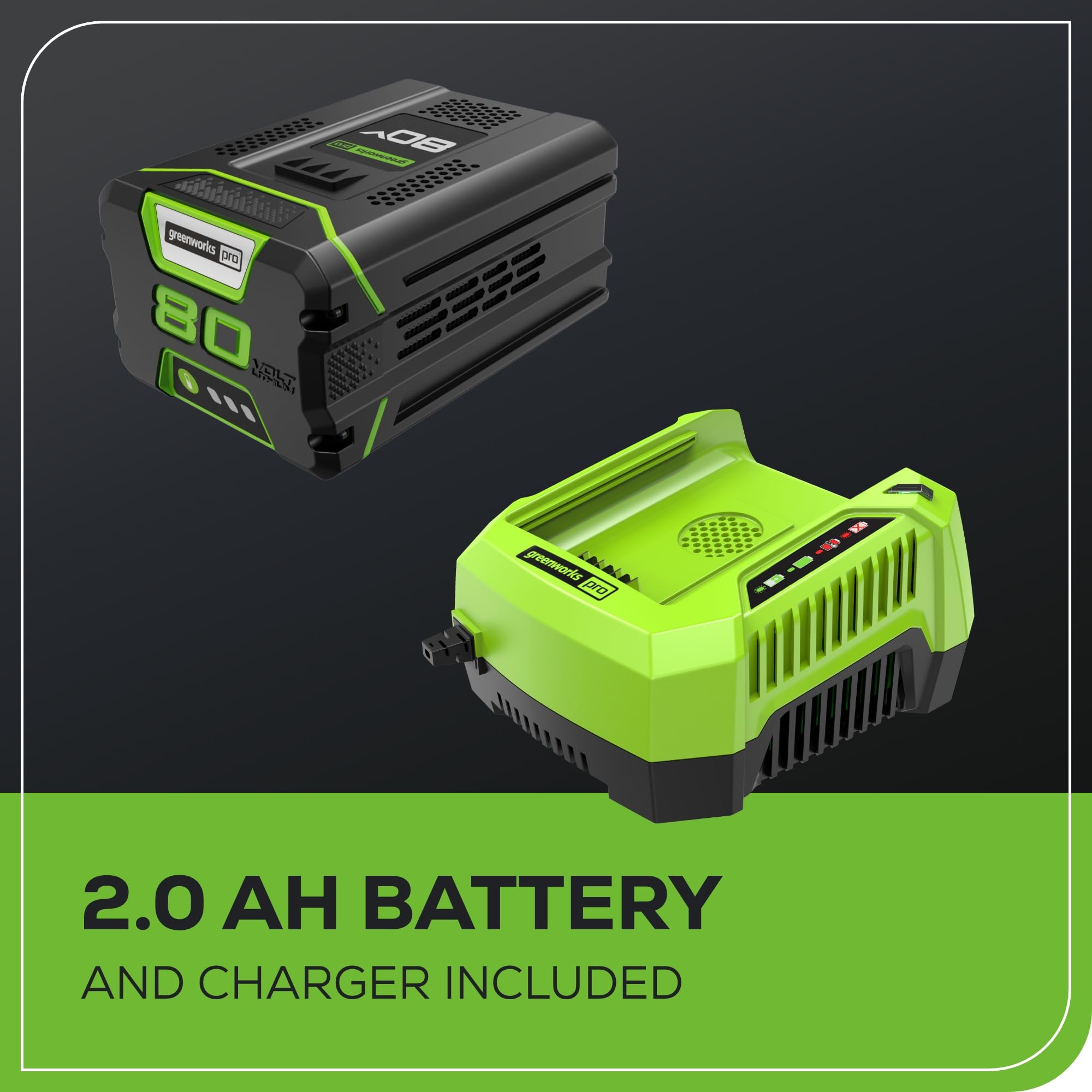 Greenworks 2A charger with battery showing quick recharge convenience