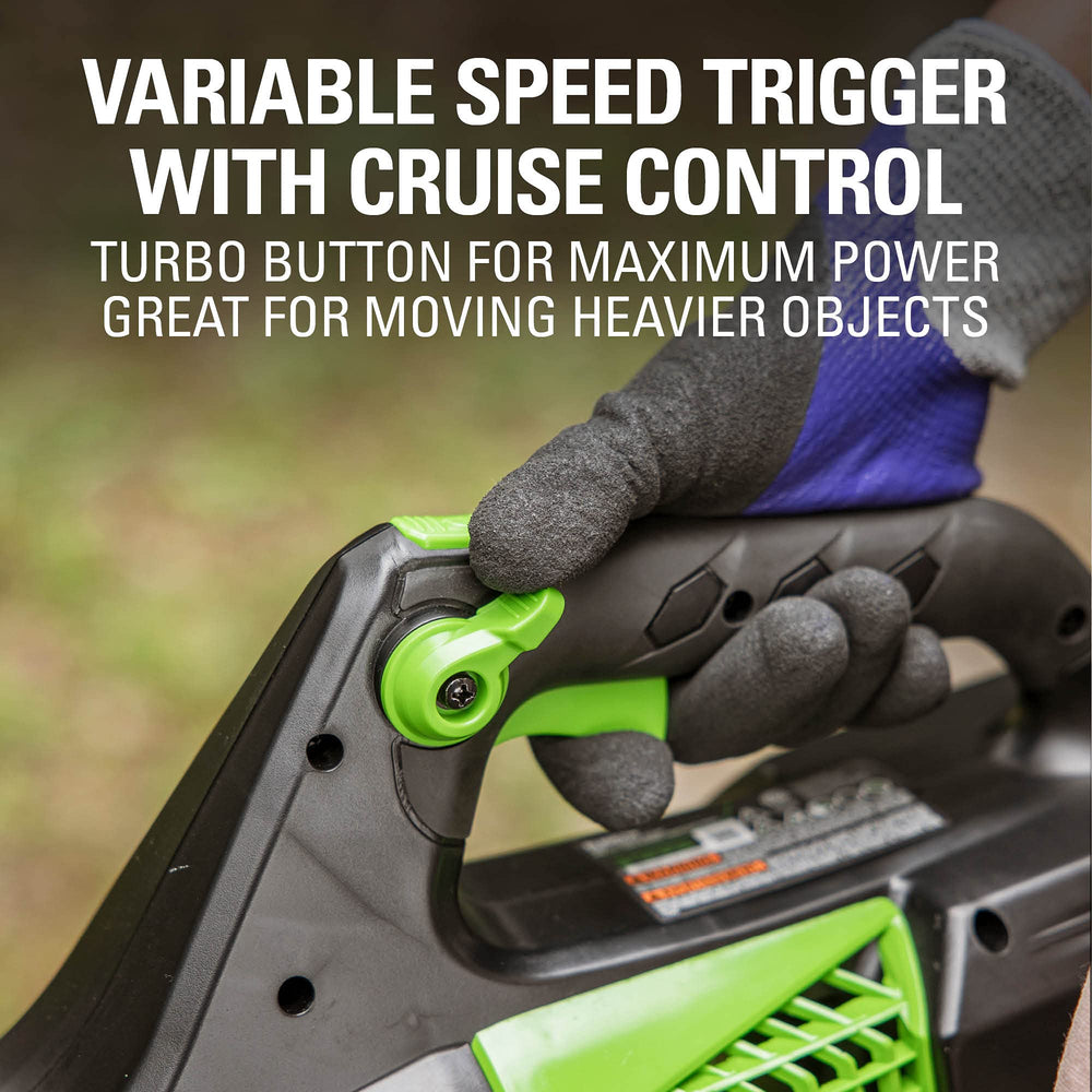 Greenworks charger with battery showing fast recharge and readiness benefit