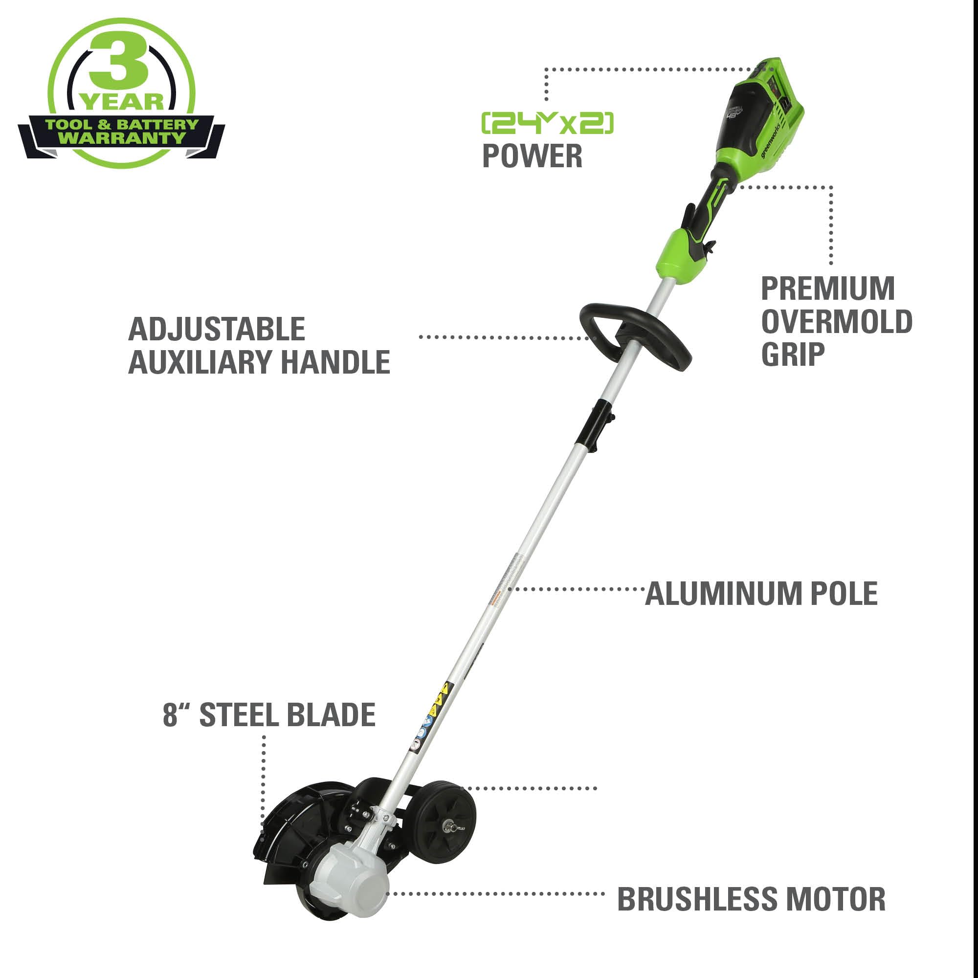 Greenworks close-up of 8-inch blade highlighting clean-edge precision benefit