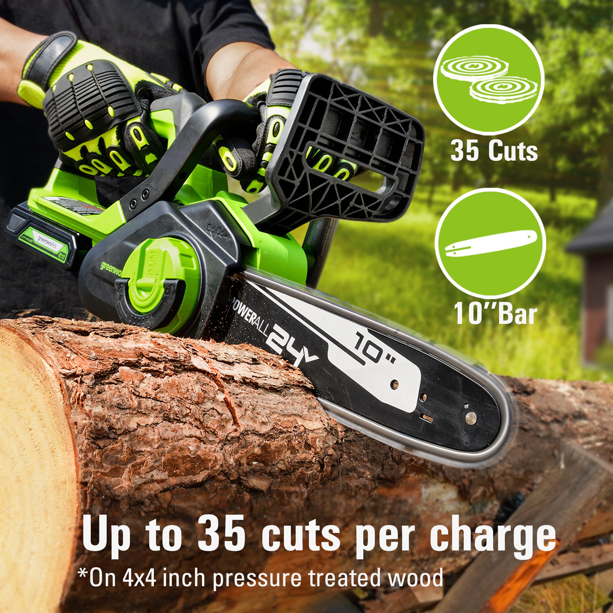 Greenworks close-up of chain and bar highlighting safe low-kickback chain advantage