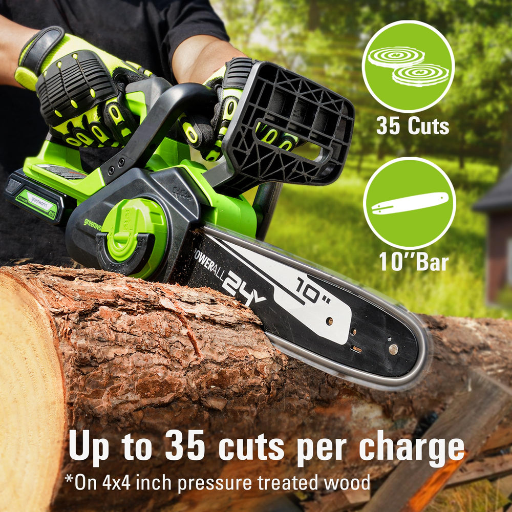 Greenworks close-up of chain and bar highlighting safe low-kickback chain advantage