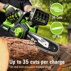 Greenworks close-up of chain and bar highlighting safe low-kickback chain advantage