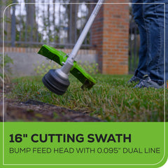 Greenworks close-up of Load N’ Go head for fast line reload benefit