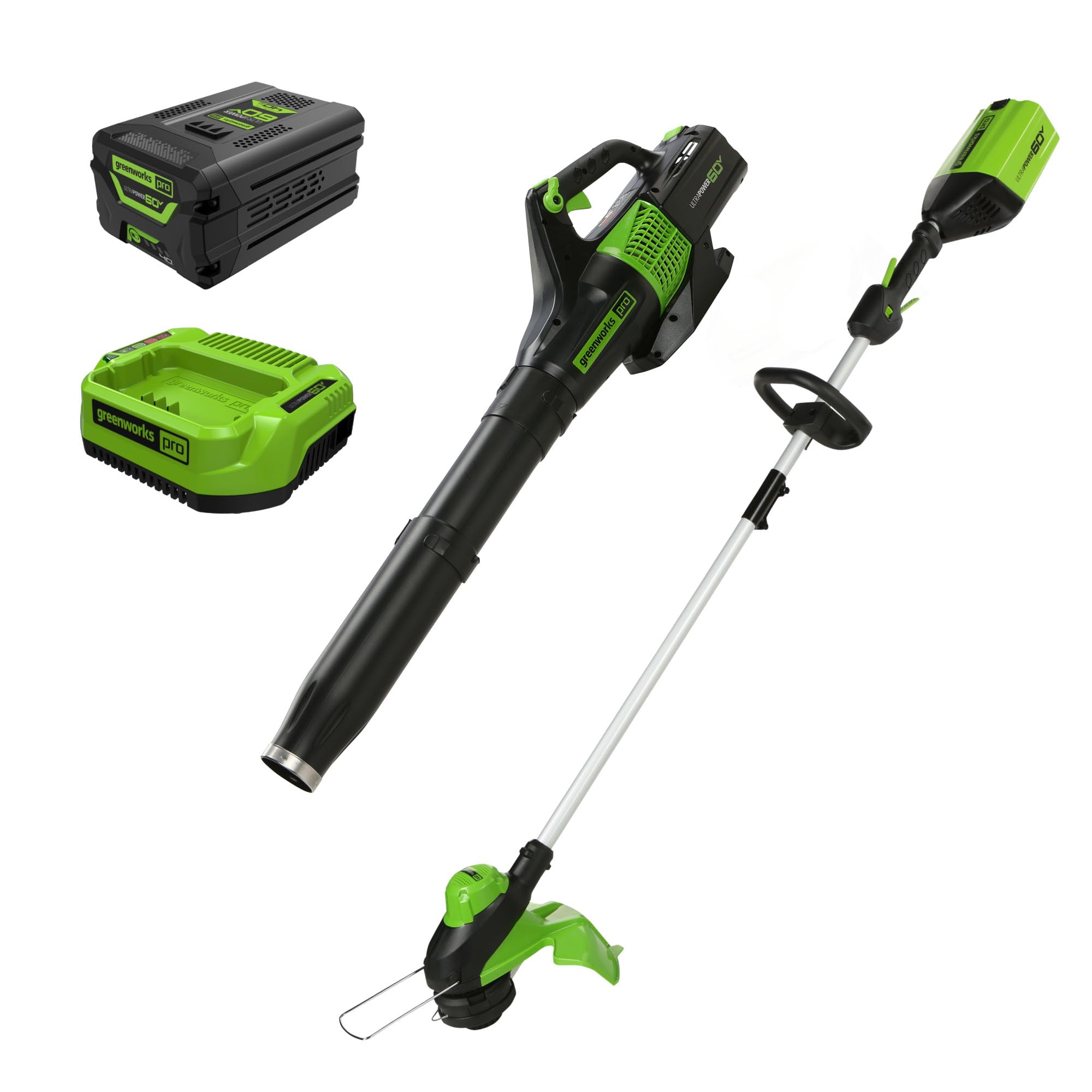 Greenworks combo front packaging showing tools and included battery for instant use