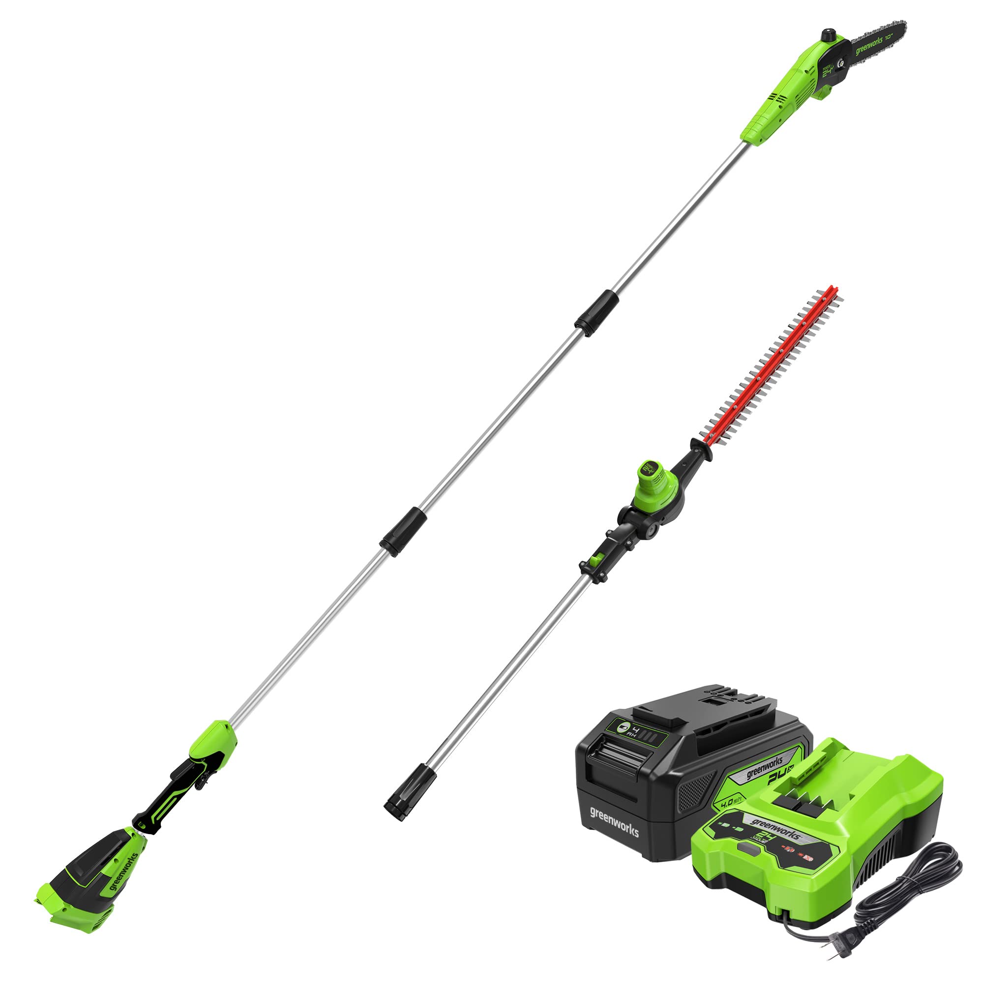 Greenworks combo front view showing both tools and battery for easy yard work