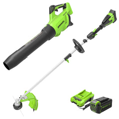 Greenworks combo front view showing trimmer and blower for convenient yard care