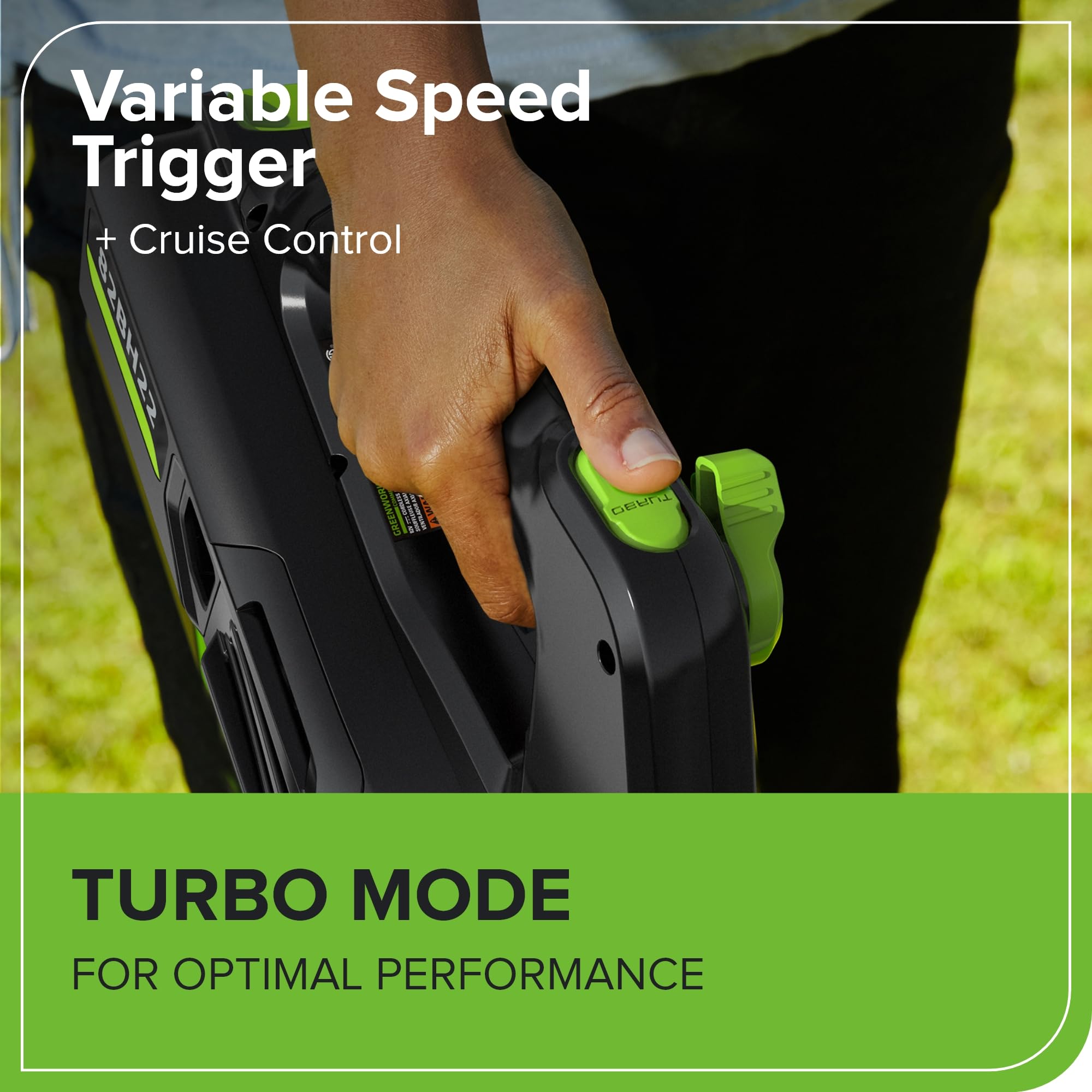 Greenworks controls and trigger detail showing variable speed and cruise control benefit