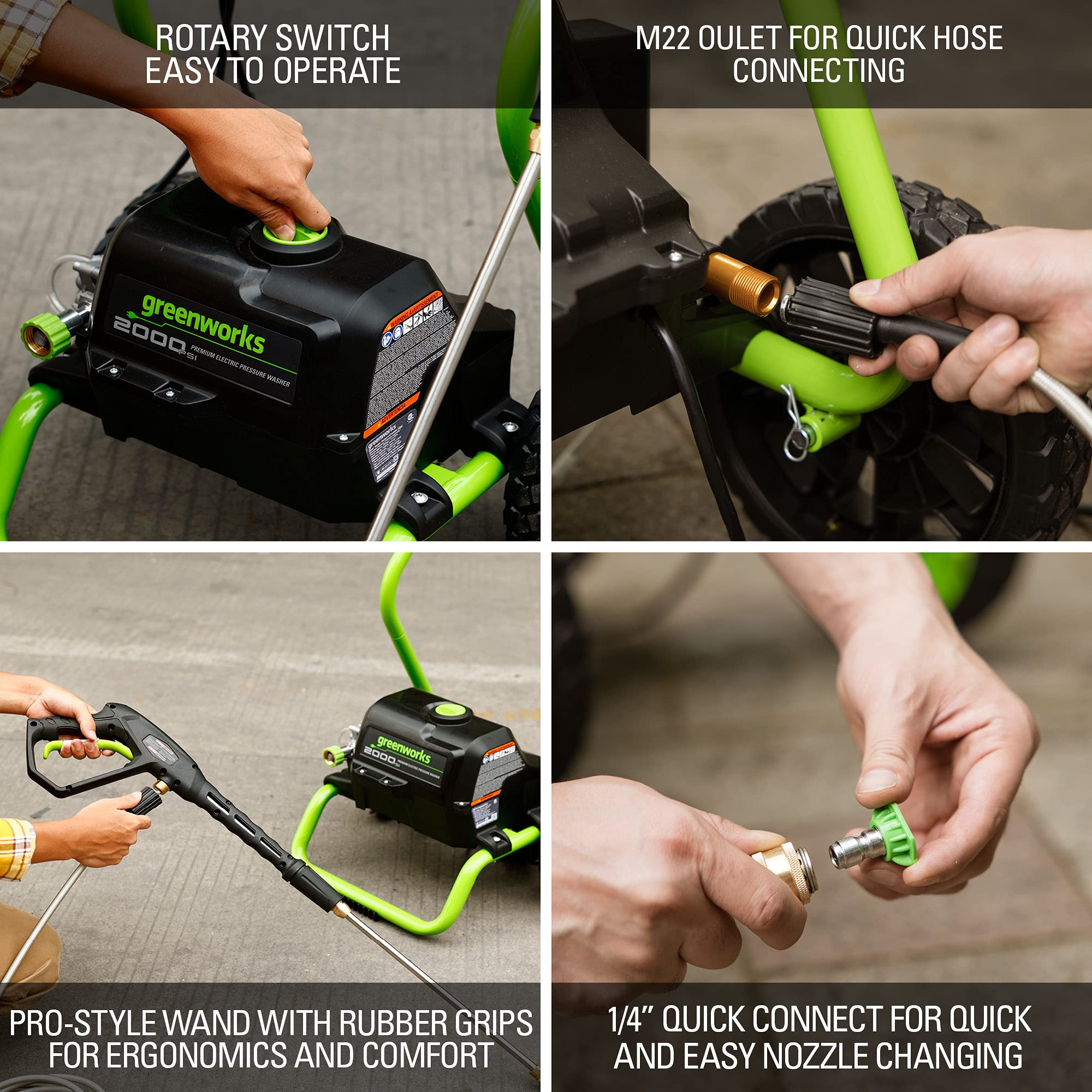 Greenworks 35 ft power cord with inline GFCI showing outdoor safety benefit