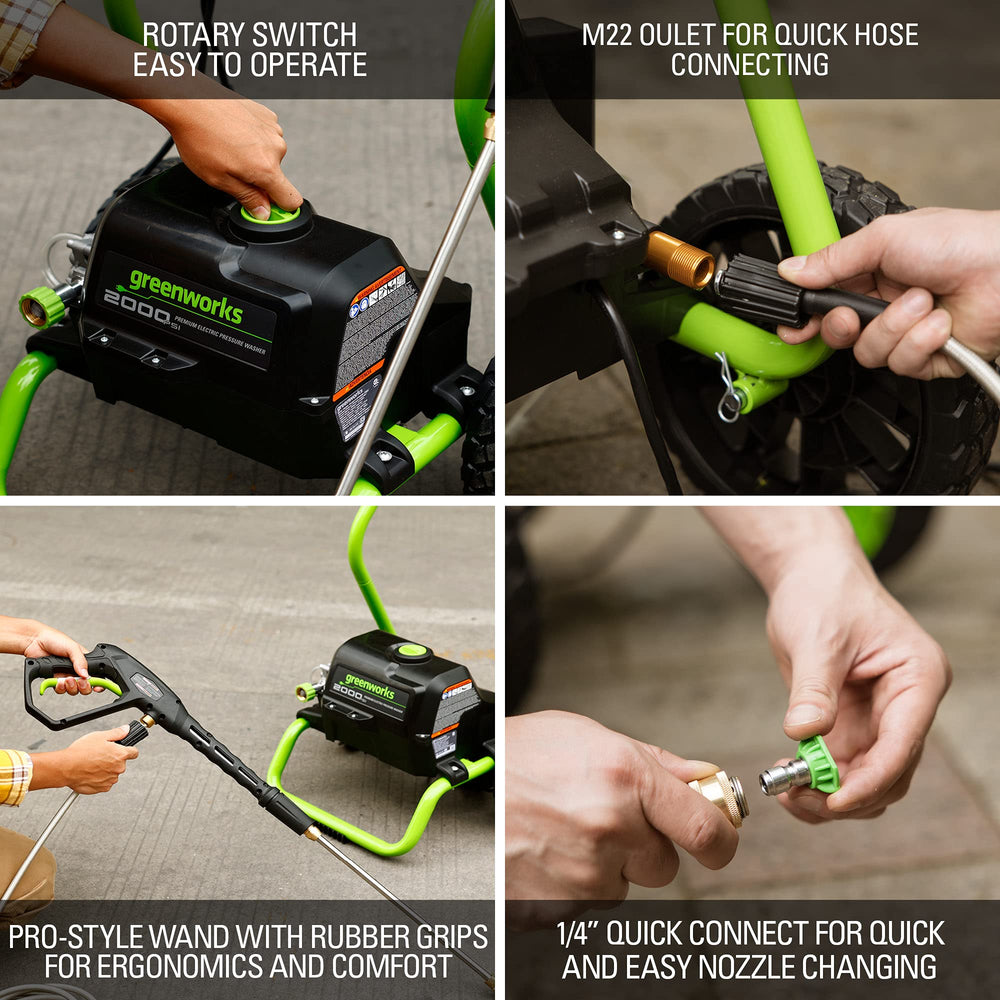 Greenworks 35 ft power cord with inline GFCI showing outdoor safety benefit