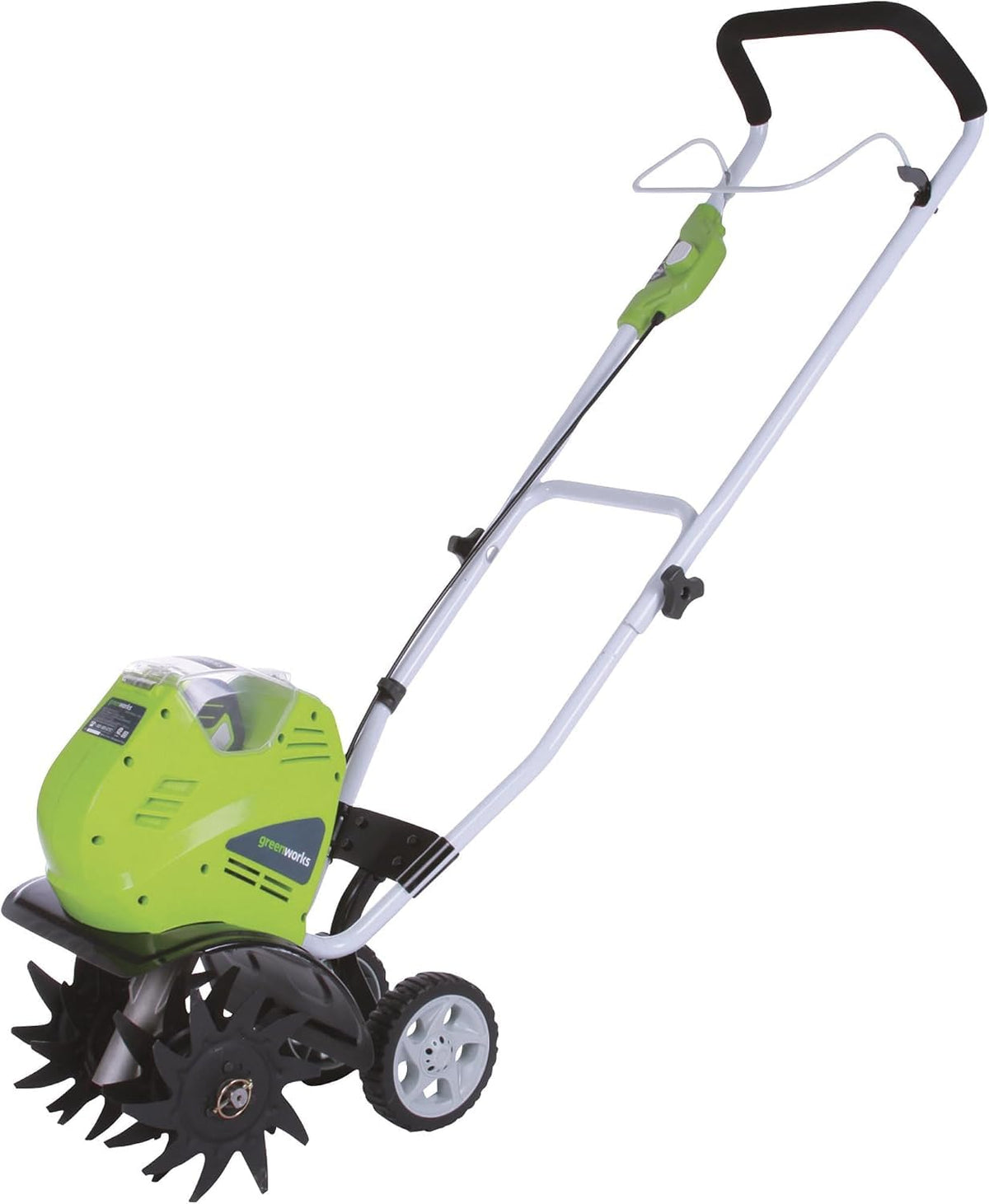 Greenworks cultivator front profile showing compact design and easy handling benefits