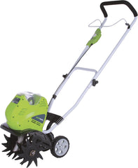 Greenworks cultivator front profile showing compact design and easy handling benefits