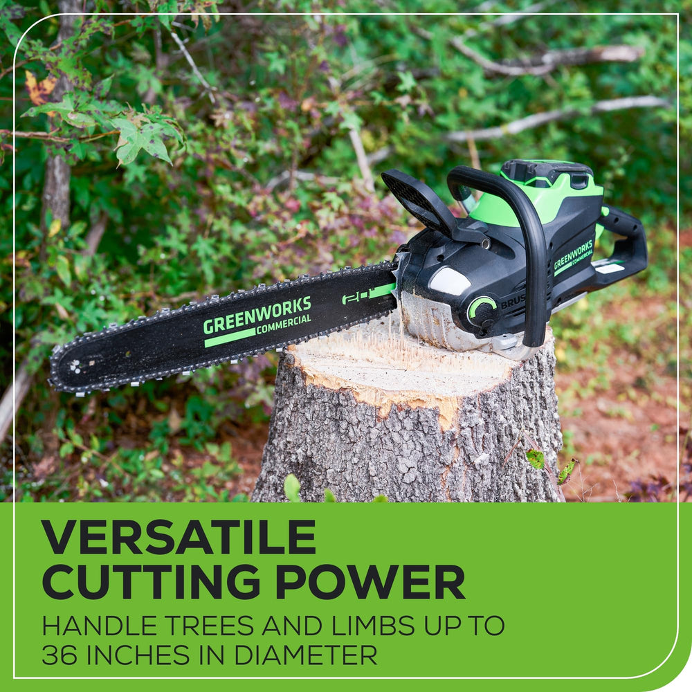 Greenworks chainsaw cutting 4x4 lumber demonstrating high-efficiency cuts
