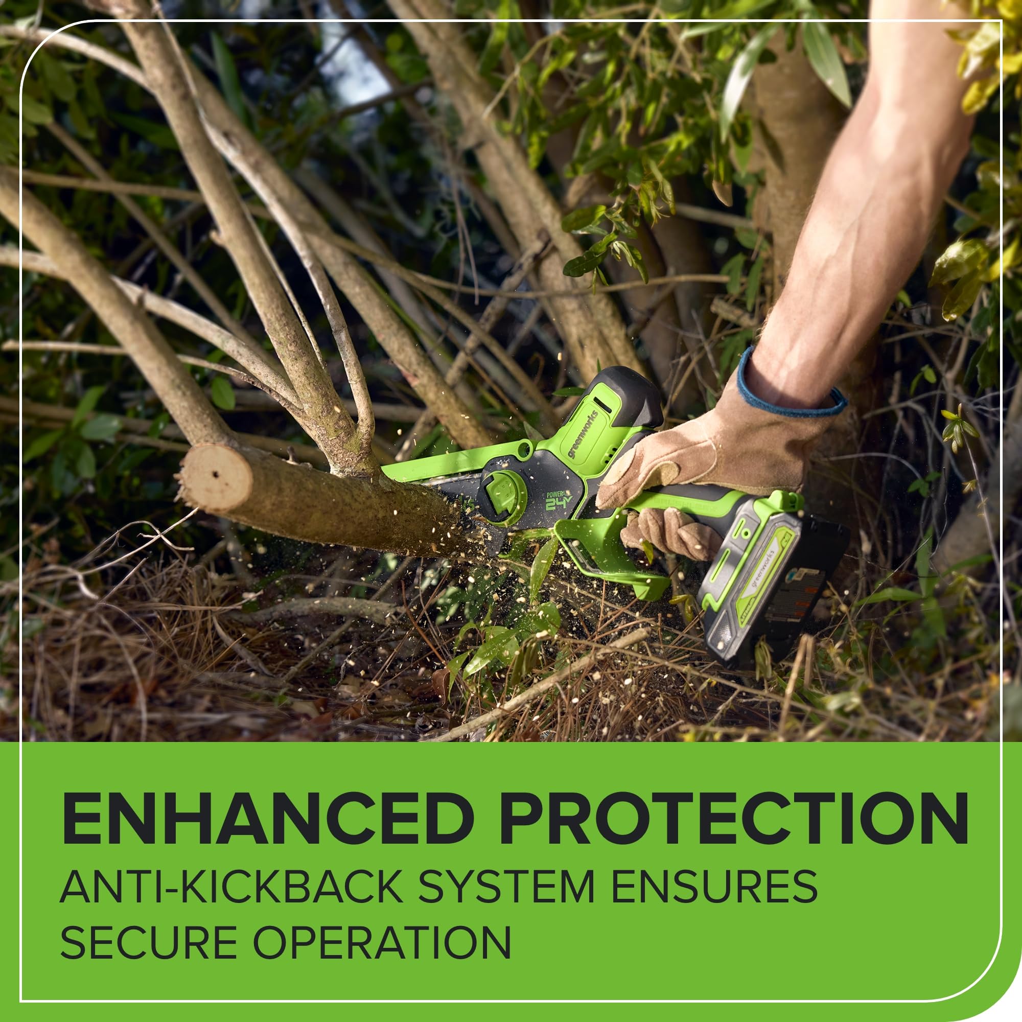 Greenworks cutting a branch in garden demonstrating smooth, efficient trimming