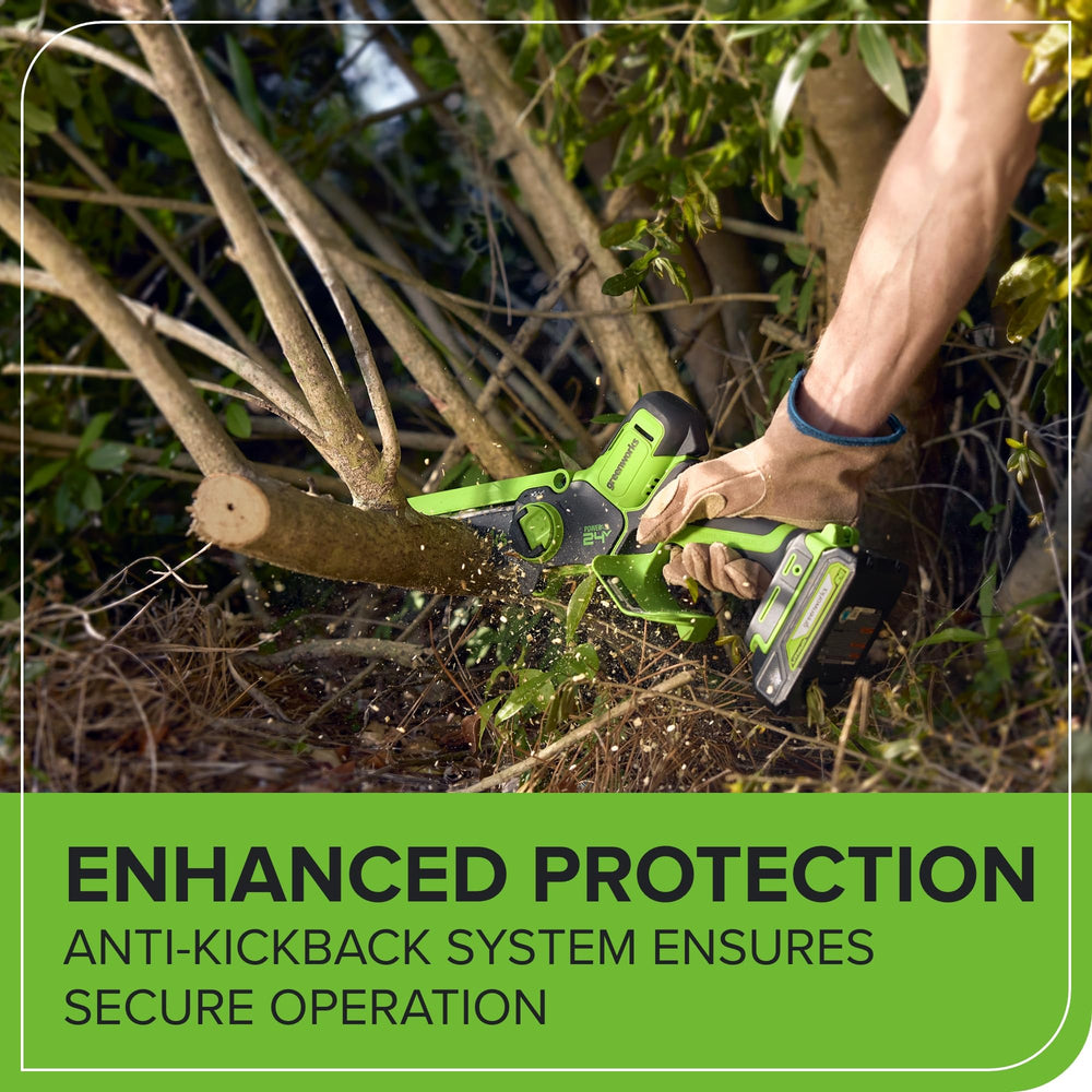 Greenworks cutting a branch in garden demonstrating smooth, efficient trimming