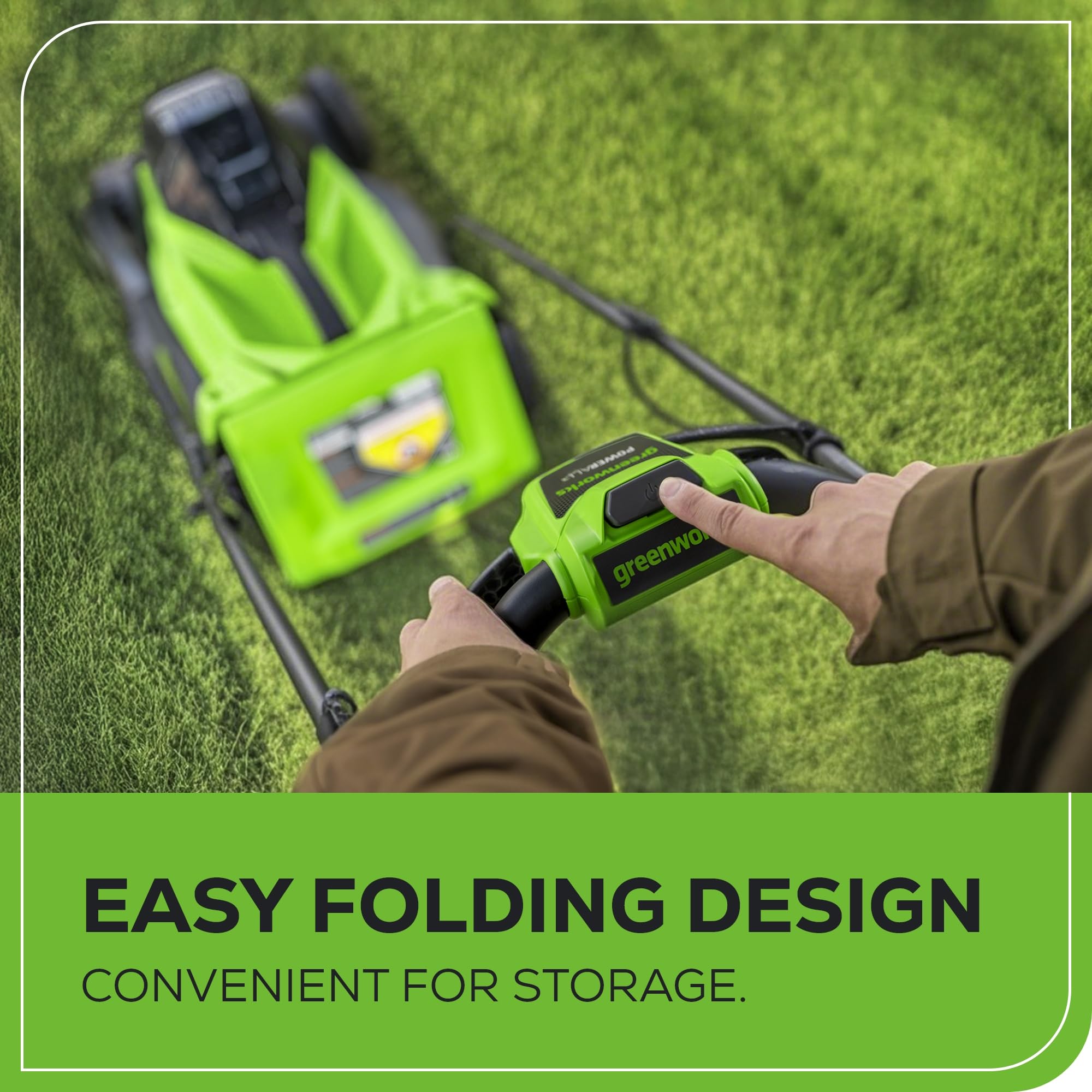 Greenworks close-up of 13-inch cutting deck highlighting durable edge and airflow