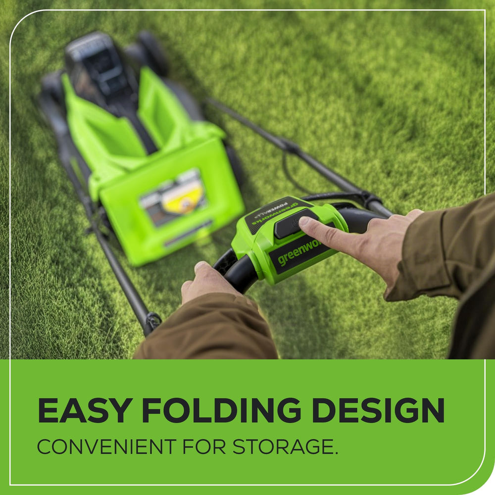 Greenworks close-up of 13-inch cutting deck highlighting durable edge and airflow