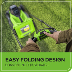 Greenworks close-up of 13-inch cutting deck highlighting durable edge and airflow