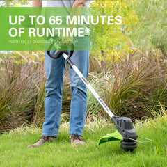 Greenworks cutting head detail with dual-line bump feed for fast line advancement