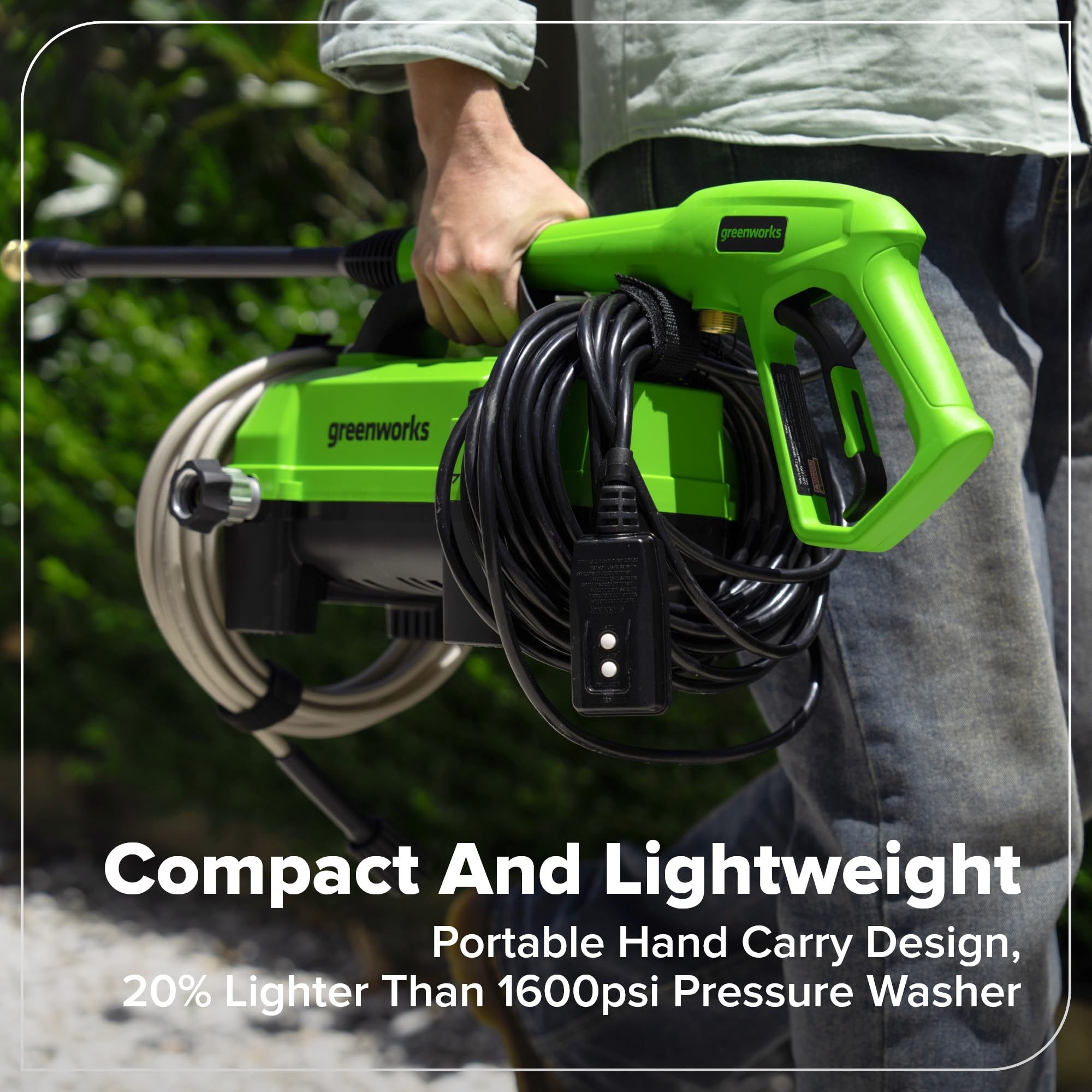 Greenworks cleaning a wooden deck showing surface-safe performance